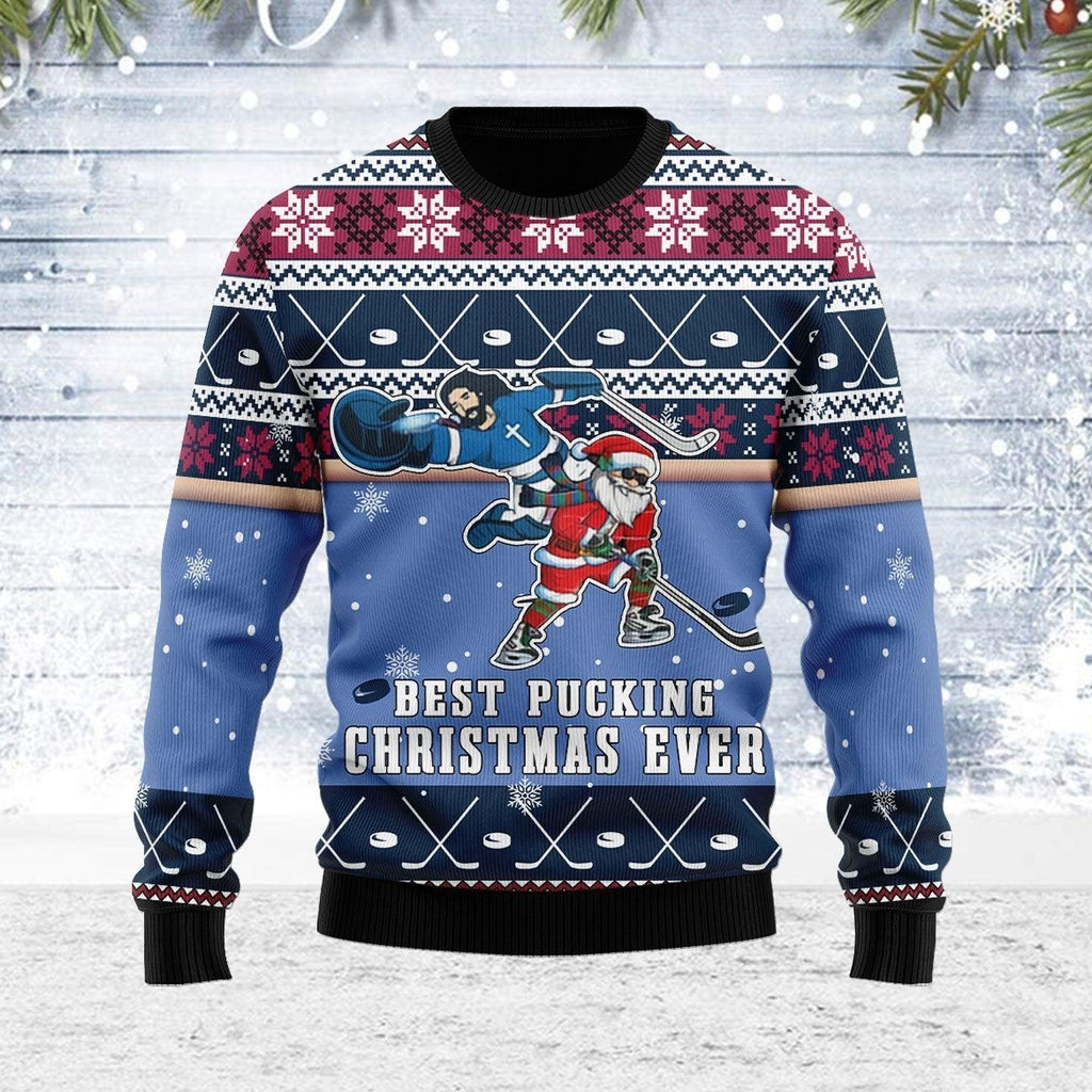 Best Pucking Christmas Ever Jesus And Santa Claus Ugly Christmas Sweater - DucG