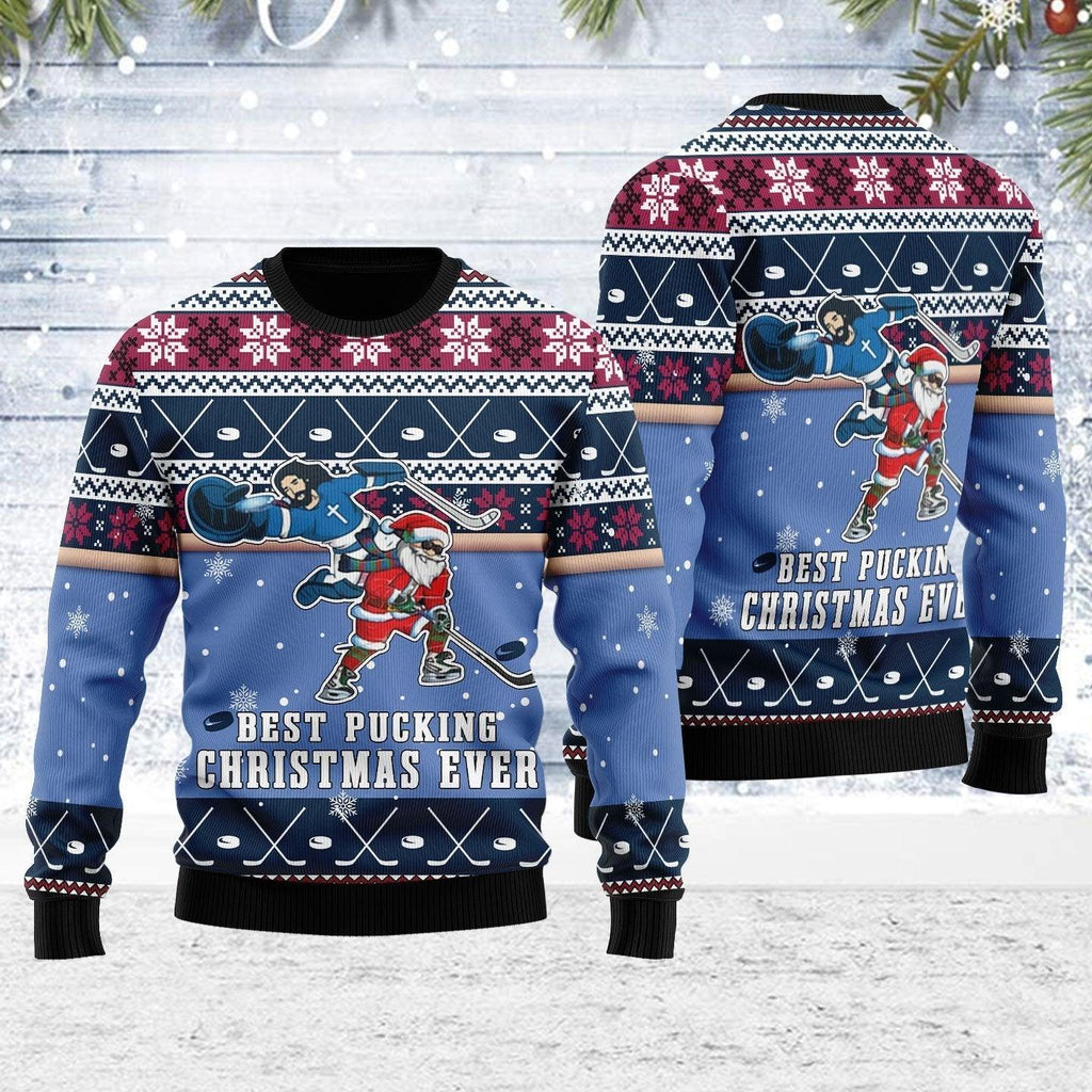 Best Pucking Christmas Ever Jesus And Santa Claus Ugly Christmas Sweater - DucG